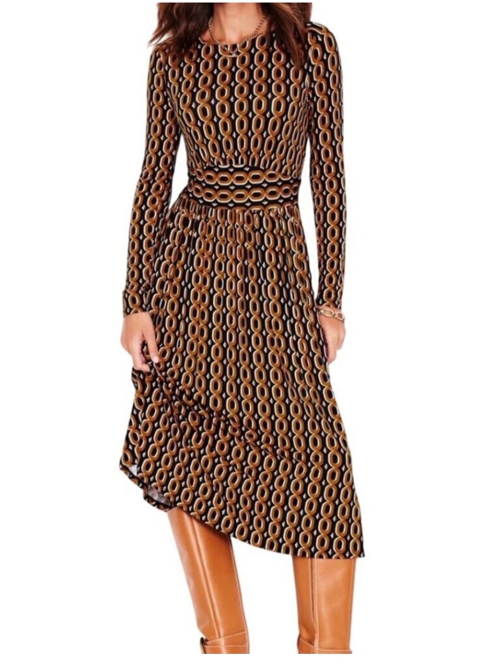 Boden Thea Long Sleeve Jersey Dress Ochra Chain Midi